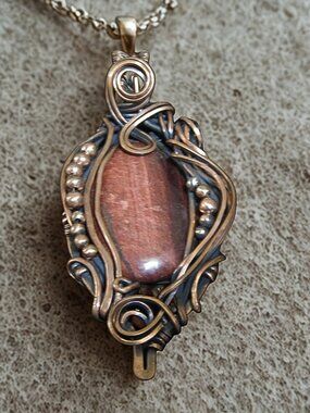 Handcrafted Tiger Iron Gemstone Pendant Antiqued Copper Wire Wrap